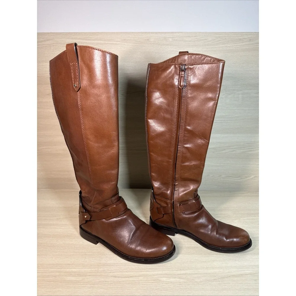 Tory Burch Women's Brown Leather Knee High Riding‎ Boots Logo Heel 6M Gold Zip
